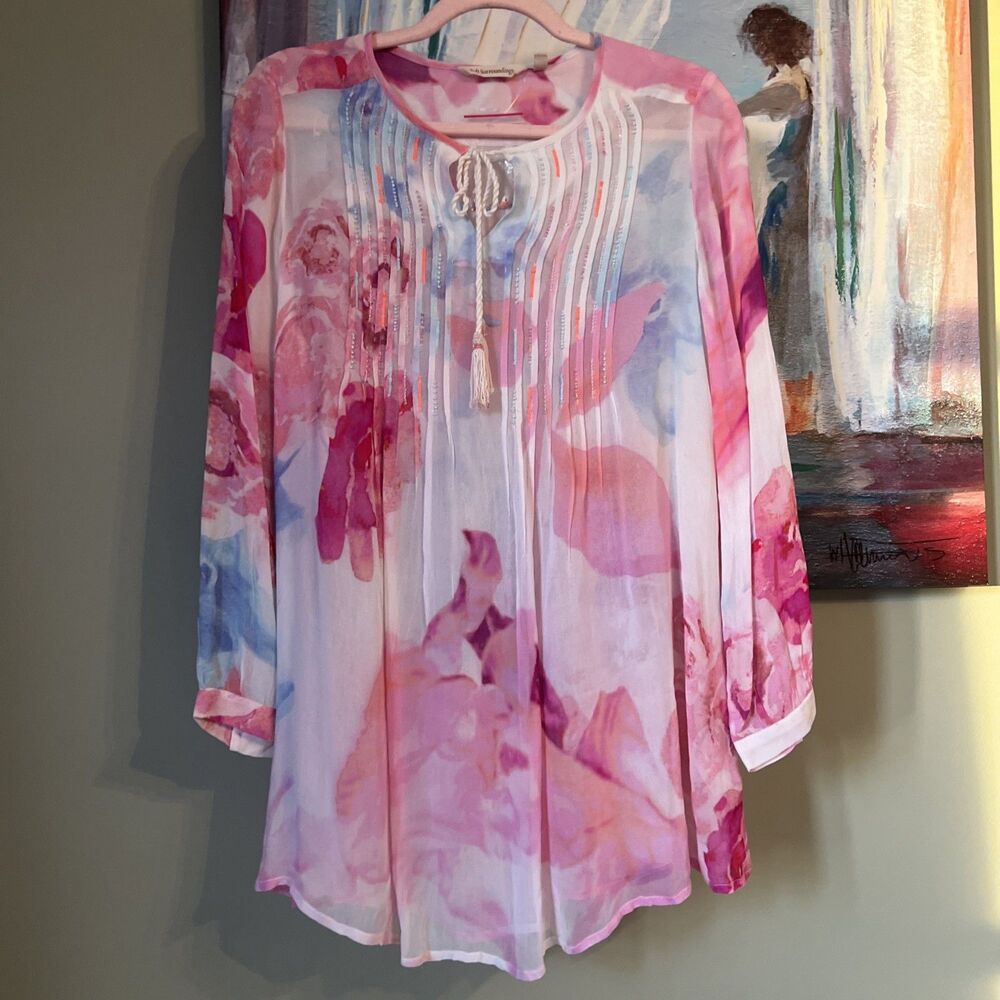Soft Surroundings Sz PS Bed Of Roses Floral Beaded Tunic Top Watercolor NWOT